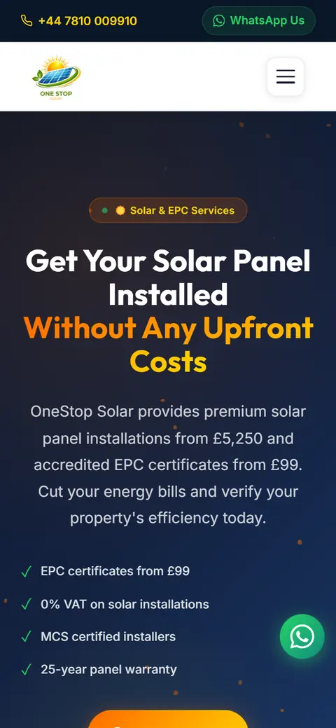 One Stop Solar website on a phone, built by Account4Web