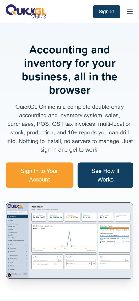 QuickGL Online website on a phone, built by Account4Web